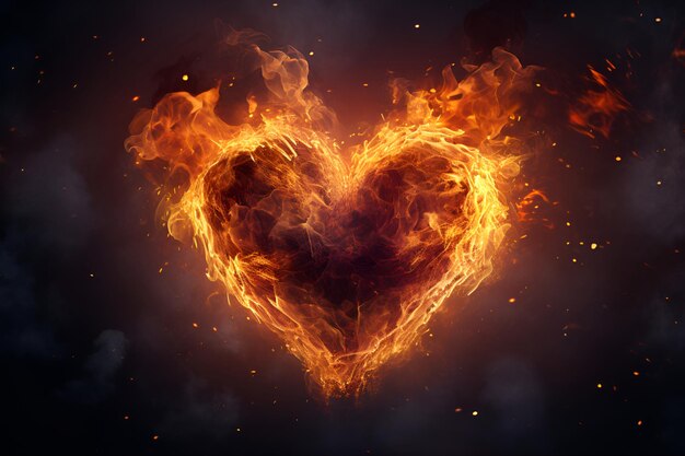 bright flame heart symbol on the black background