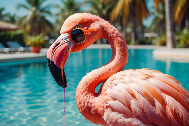 Bright flamingo bird in sunglasses rests on the beach by the pool under palm trees with a glass of fruit cocktail