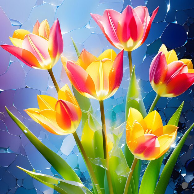 Photo bright floral background with tulips in 3d style watercolor