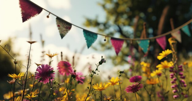 bright flowers on buntings in the garden