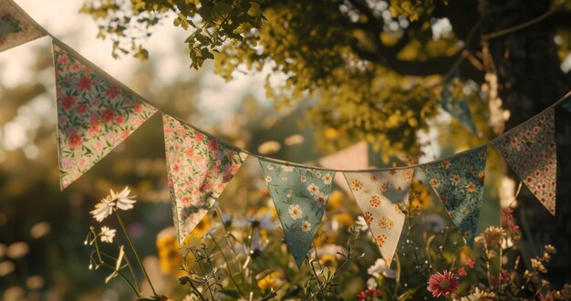 bright flowers on buntings in the garden