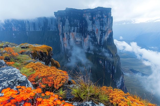 Photo bright flowers at the edge of abyss on top of tepui mountain