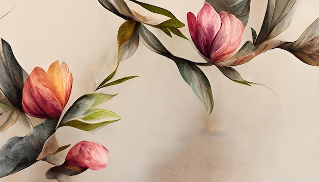 Яркие цветы на светлом фоне Винтажный цветочный декор 3d-рендеринга. Растровая иллюстрация.