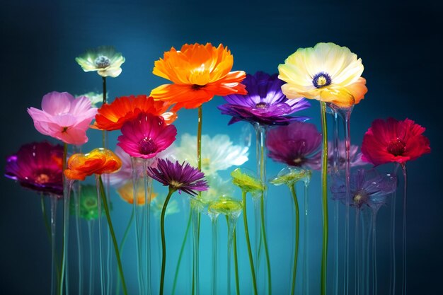 Bright flowers in splashes of water Edge background Fantastic composition Generative AI