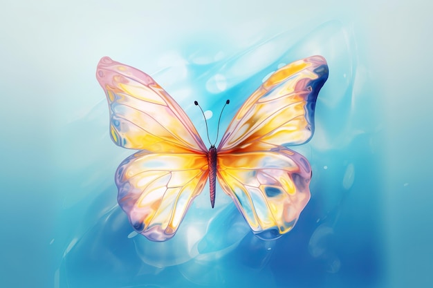 Brillante farfalla volante su sfondo blu spruzzi d'acqua e vernice