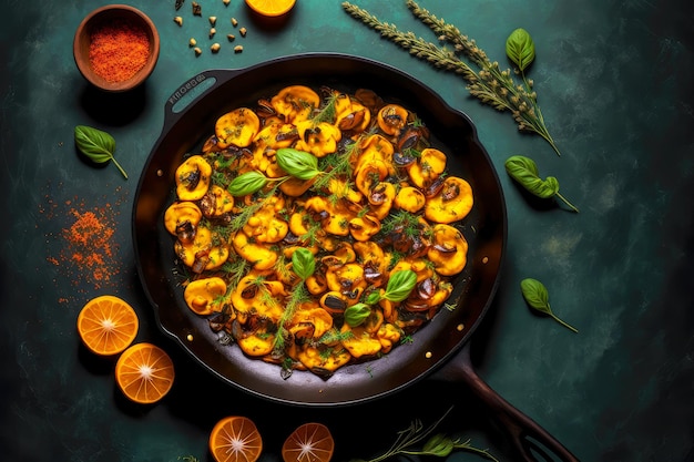 Bright fragrant fried mushrooms in frying pan with thyme and saffron