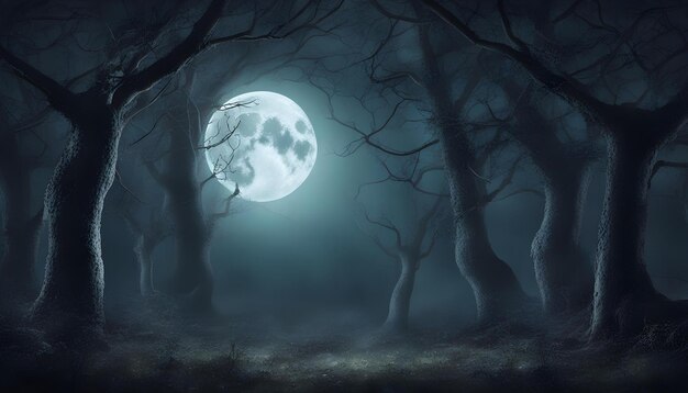 어두운 동화 숲에서 밝은 보름달이 벽지 디자인 배경으로