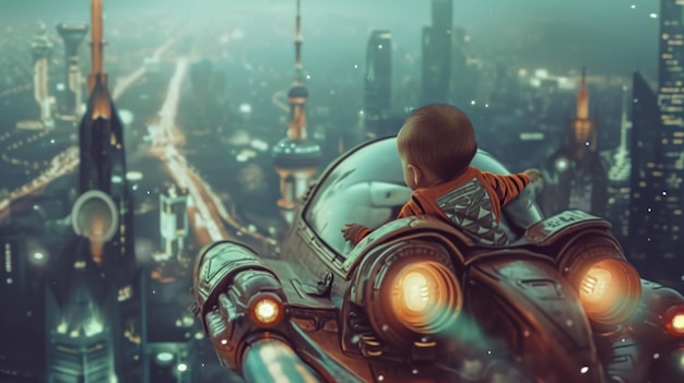 Bright futuristic illustration of a little boy driving a spaceship in the city
