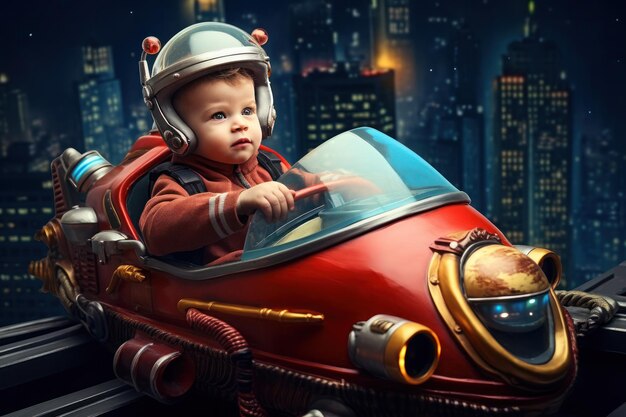 Bright futuristic illustration of a little boy driving a spaceship in the city