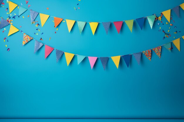 Bright garlands against a blue backdrop