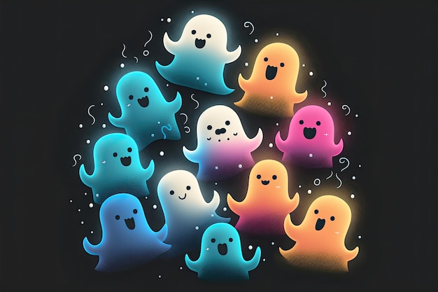 Bright ghosts, cute, black background, Made by AI,Artificial intelligence