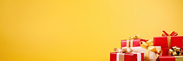 Photo bright gift boxes and colorful gifts create a festive mood on a bright yellow background fun awaits