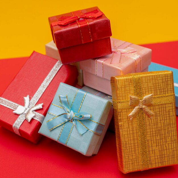 Bright gift boxes with bows.