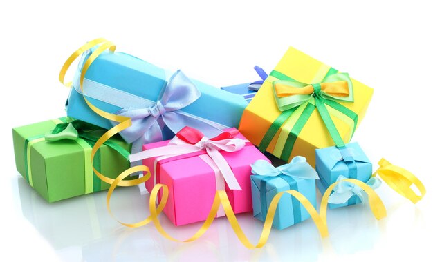 Bright gifts with bows isolated on white