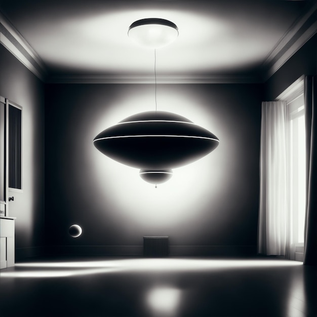 Bright glowing ball ufo indoors black and white