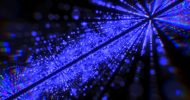 Фото Яркие светящиеся синие красивые лазерные линии из точек и частиц с размытым эффектом радуги