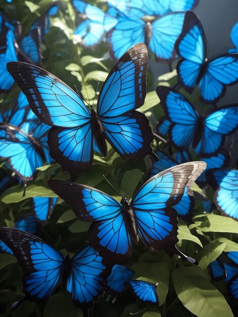 Bright glowing butterflies on blue night glowing background with silhouette flowers of wild plant