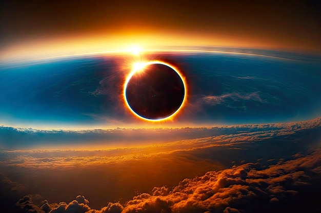 Bright glowing circle in sky formed by total sun eclipse