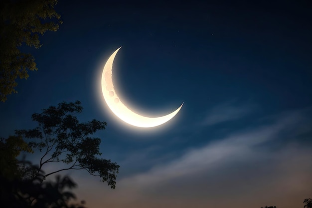 The bright glowing crescent moon on the night ai generative