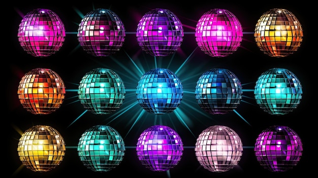 Bright glowing disco balls set isolated on black background