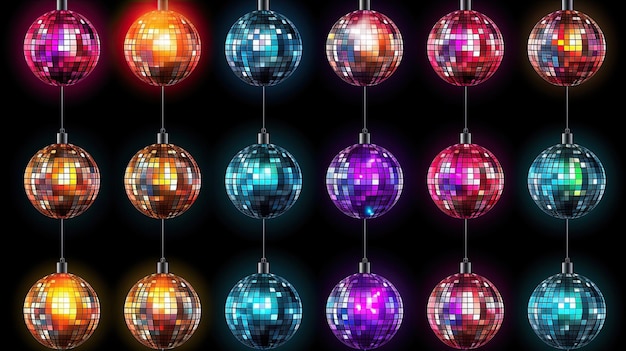 Bright glowing disco balls set isolated on black background