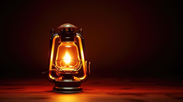 Photo bright glowing incandescent lantern illuminates dark room in evening