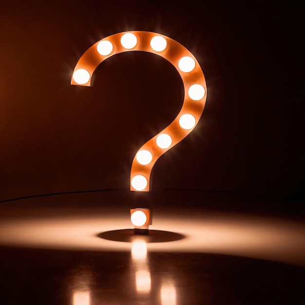 Photo bright glowing light symbol of question mark showing interrogation and asking for solution