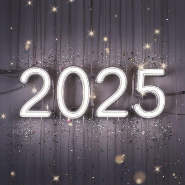Bright glowing number 2025 on a shiny background with a garland Premium AIgenerated image