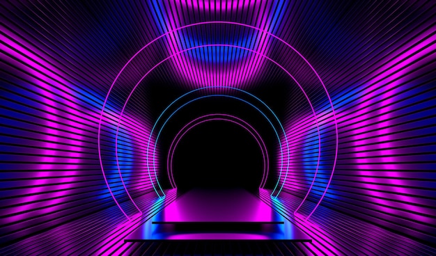 Bright Glowing Purple Neon Light on Dark Poduim Stage Background 3d Render