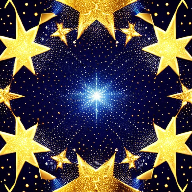 Bright golden sparkles on a dark blue background Abstract background with gold stars Golden light