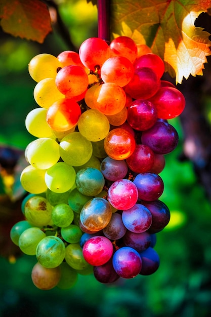 Photo bright grapes of rainbow colors on the vine generative ai