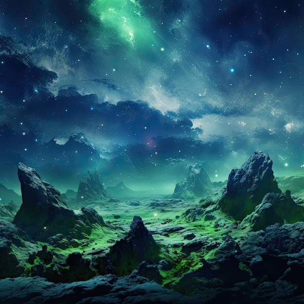 宇宙の風景の中の明るい緑と青の銀河