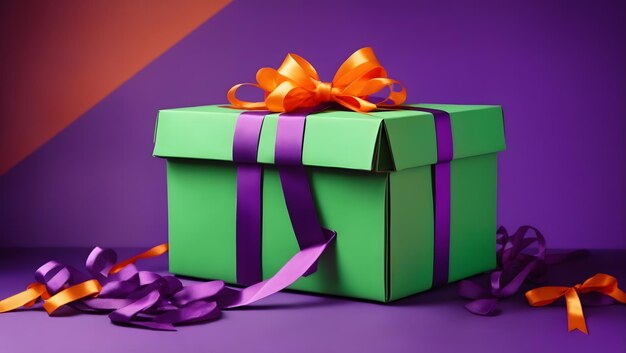 Bright green colored cardboard box with purple bow and ribbons placed on orange table