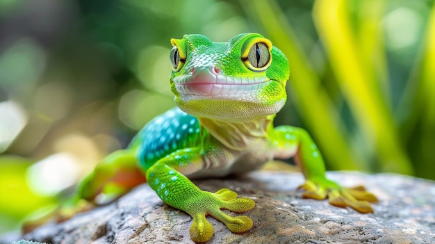 A bright green gecko on a rock forest floor blurred in the background