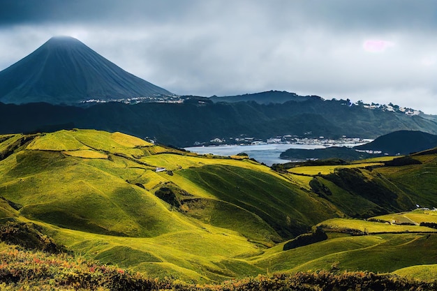 Bright green hills framing blue mountain lake