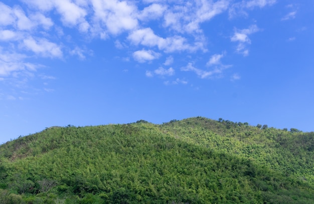 Bright green mountain against blue sky with copy space on sky