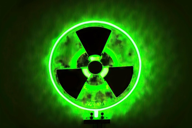 Photo bright green sign in form of circle symbolizing radiation hazard