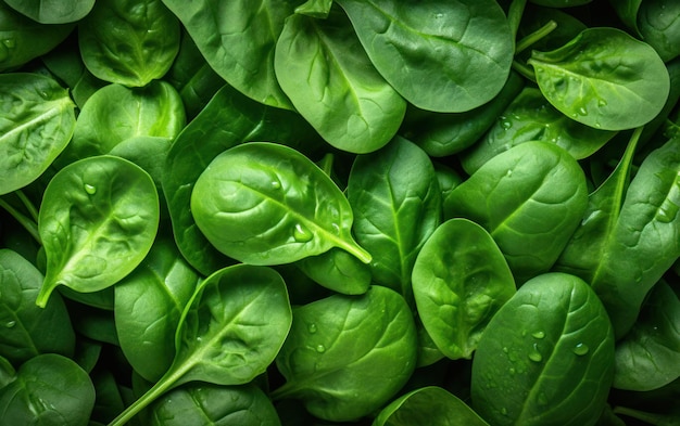 Foto foglie di spinaci verde brillante con rugiada fresca