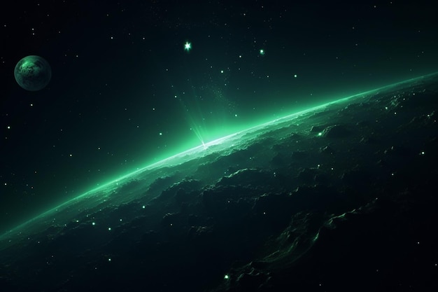 Bright green star in starfield dark galaxy planets in a free space generated AI