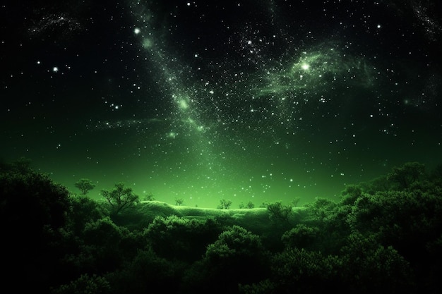 Bright green star in starfield dark galaxy planets in a free space generated AI