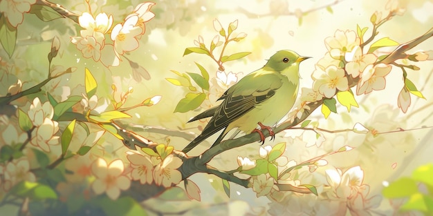 bright green swallow bird on jasmine tree branch in spring atmosphere