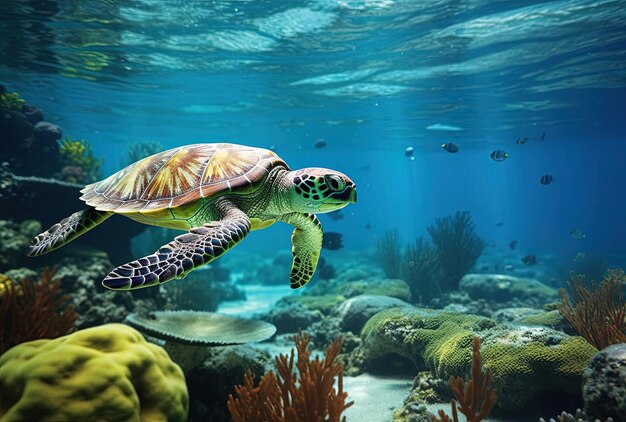 A bright green turtle is swimming near some reef in the style of toni frissell