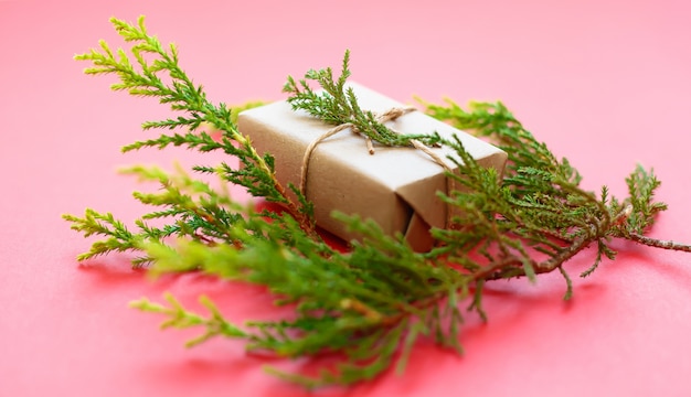 Bright green twigs of pine tree and a light gift box on the pink . Copyspace christmas 