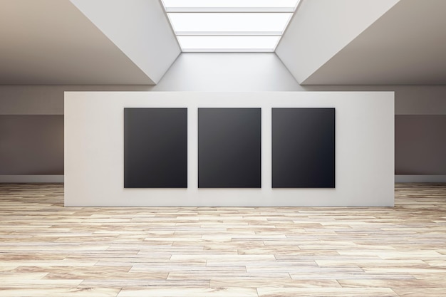 Bright grey gallery room interior with three blank black posters and wooden floor Gallery exhibition advertising concept Mockup 3D Rendering