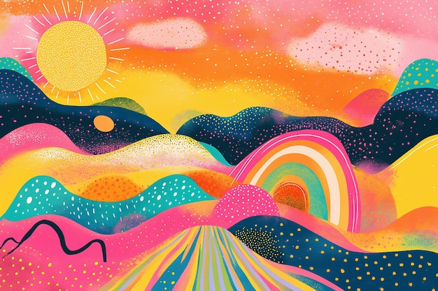 Photo bright groovy posters 70s retro poster with psychedelic landscapes with rainbow and sun