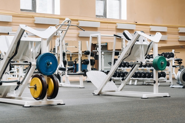 Bright gym. Sports equipment in the gym.