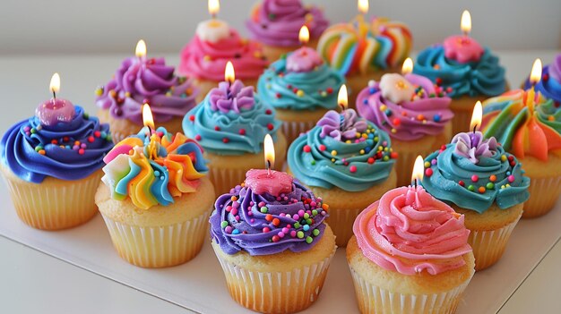 사진 불이 있는 밝은 생일 컵케이크 생일 파티를 위한 다채로운 컵 케이크