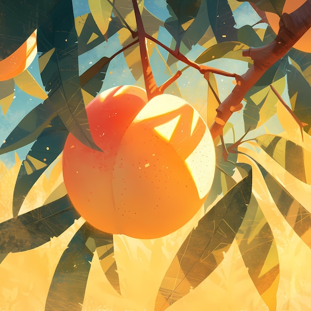 Bright Harvest Juicy Peach on Tree Branch