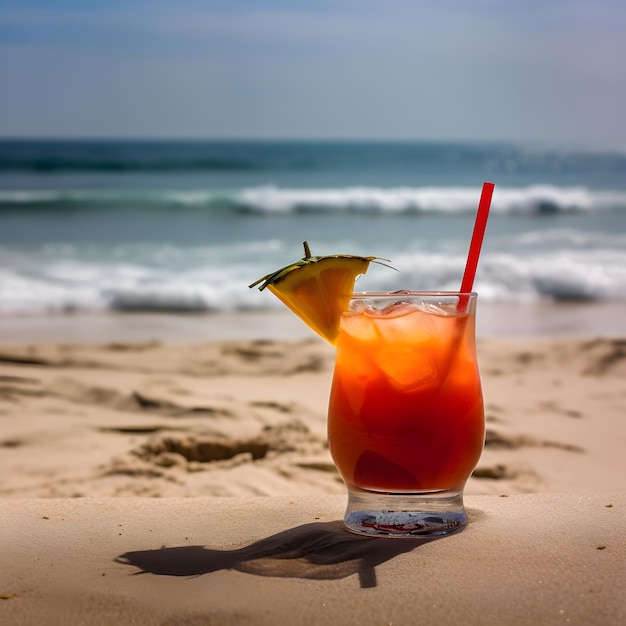Яркий здоровый коктейль с фруктовым украшением и соломинкой для питья на тропическом пляже на фоне синего моря Летние каникулы или концепция путешествия Сгенерировано ai