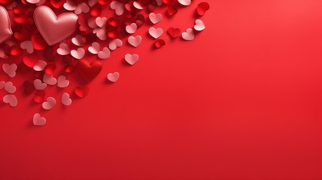 Bright hearts confetti falling on red background Valentine's Day banner for greeting cards wedding